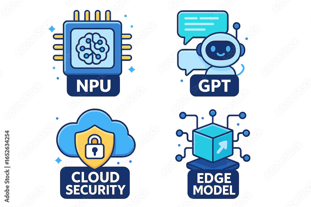 Poster technology icon set with npu, gpt, cloud security, edge model concepts. cartoon vector illustration 
