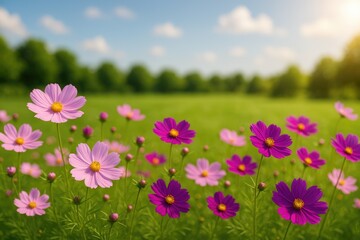 Obraz premium Vibrant cosmos flowers in shades of pink and purple adorning the garden