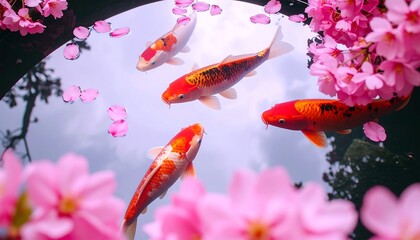 Koi fish in a pond surrounded by cherry blossoms