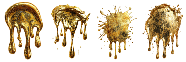 Golden splashes and drips create stunning visual effect, showcasing beauty of metallic gold ink. This artistic representation evokes sense of luxury and creativity, perfect for various design