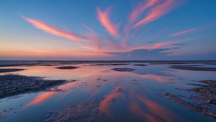 Minimalist scene showing an almost cloud-free dusk sky reflected in tranquil waters and mudflats