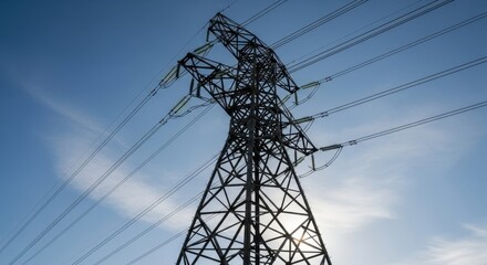 Silhouette of a high voltage power transmission tower against a clear sky