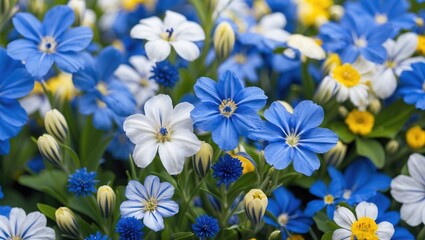 A Bouquet Featuring Blue, White, and Yellow Blooms