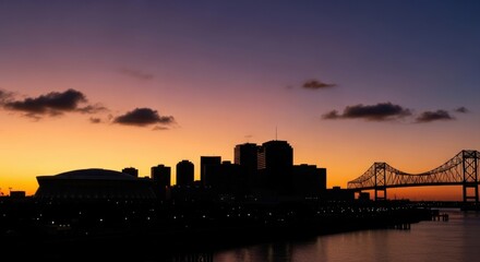 New Orleans cityscape panorama at dusk with a beautiful twilight sky