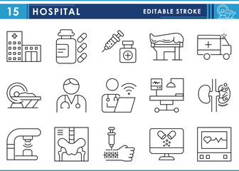 A set of line icons related to Hospital. Hospital, medicine, pathology, doctor, x-ray, ambulance, and so on. Vector editable stroke.