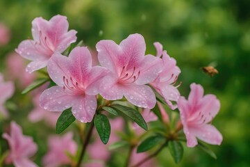 Droplets adorning vibrant azalea flowers after rain