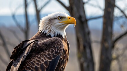 Obraz premium Adorable young bald eagle with a keen gaze, showcasing head and body