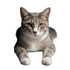 Close up portrait of a cute tabby cat with green eyes lying down on a black background isolated on transparent background