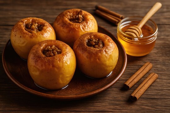 Delicious oven-roasted apples infused with honey and cinnamon served on a wooden backdrop