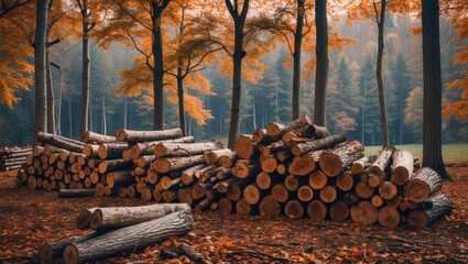 Serene forest view showcasing firewood collection and timber piles