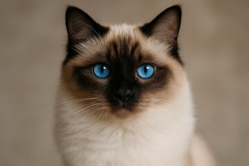 Close-up of an elegant cat showcasing striking blue eyes with a blurred background