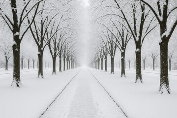 Snowy pathway alongside a tree-filled avenue