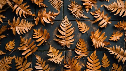 Naklejka premium Top-down view of autumnal dried fern leaves scattered on the floor