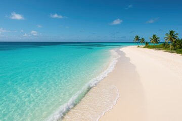 Fototapeta premium Overhead shot showcasing sparkling clear waters and soft white beaches on a summer tropical island