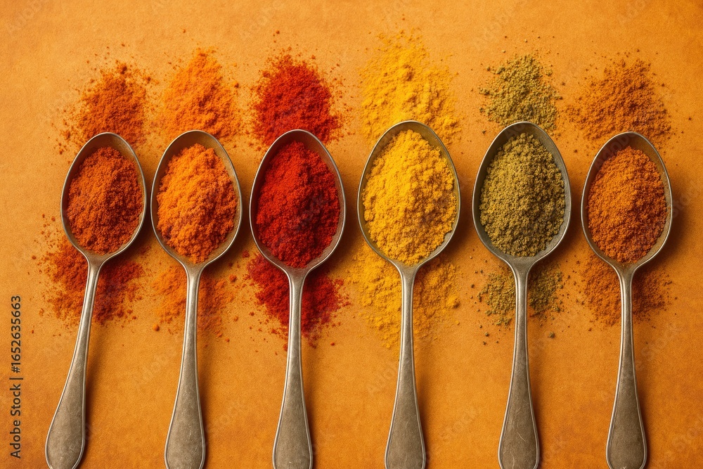 Poster an array of spice powders arranged on spoons