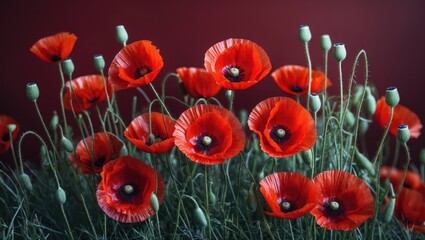 Obraz premium Close-up of a vibrant bouquet featuring red poppies set on a dark red background with wildflower details.