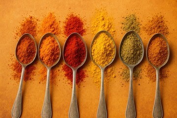 An array of spice powders arranged on spoons