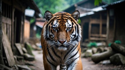 An Amur tiger prowls through a small community