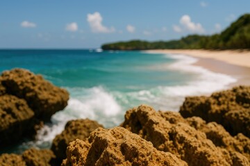 Obraz premium Fuzzy landscape image showing rocks and surf on a seaside location