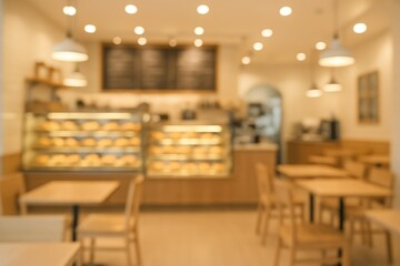 Interior of a bakery cafe with a blurry abstract backdrop