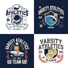 Vintage varsity athletics sports emblem set with bear mascot wave and retro typography for college t shirt design and branding