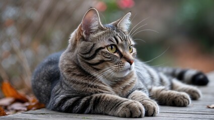 A horizontally resting striped cat with gray and brown fur peers into the distance.