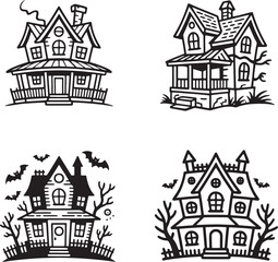 Fototapeta premium Set of Four Haunted House Icons Black Outline Vector Illustration Isolated on Transparent Background