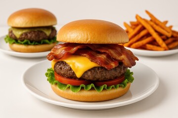 Delicious beef patty with bacon and melted cheese, accompanied by sweet potato fries in the backdrop