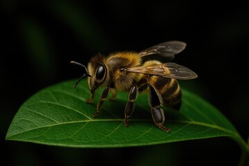 Dark background with a bee perched on a lush green leaf