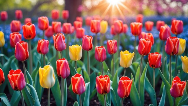 Colorful spring flowers with striking red tulips in a lively background