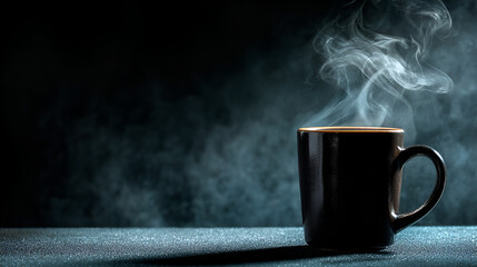 A steaming cup of dark coffee on a dark table.
