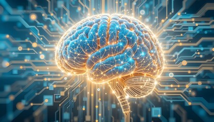 Glowing neural network brain connects to digital circuits symbolizing AI and innovation
