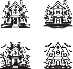 Fototapeta premium Set of Four Haunted House Icons Black Outline Vector Illustration Isolated on Transparent Background