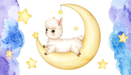 Adorable Watercolor Llama on Crescent Moon with Golden Stars and Dreamy Background