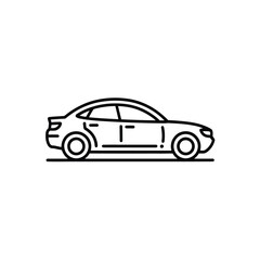 Fototapeta premium Black and white line art icon of a modern sedan car automobile vehicle