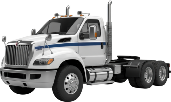 White semi trailer truck with blue stripe detail and chrome accents featuring dual rear wheels Semitrailer transparent background