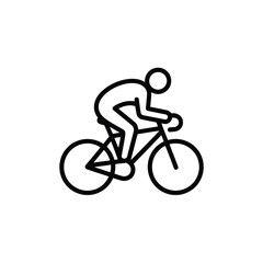 Simple line art icon of a person cycling on a white background bicycle bike