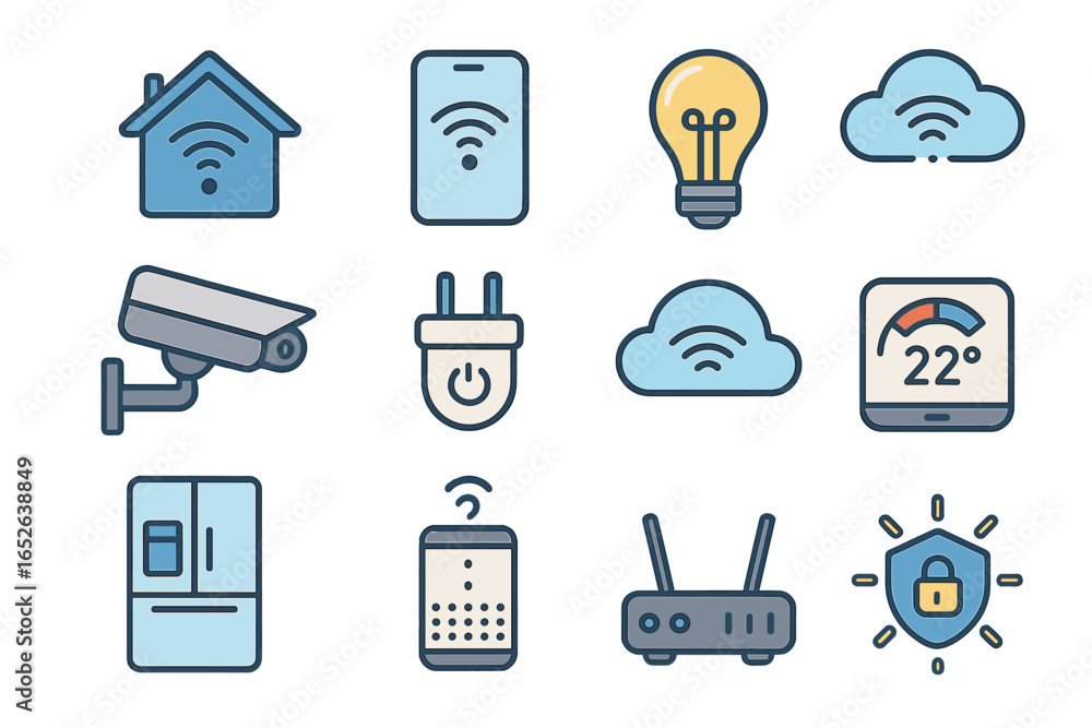 Poster smart home icon set with outline style. internet of things vector collection. home automation techno