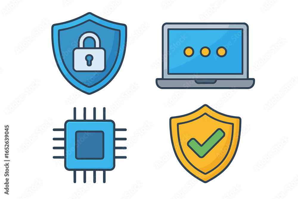 Poster cybersecurity icon set for data protection and digital privacy. vector symbols of technology securit