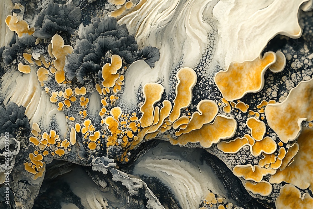 Poster a detailed macro shot capturing lichen spreading in intricate shapes on bark