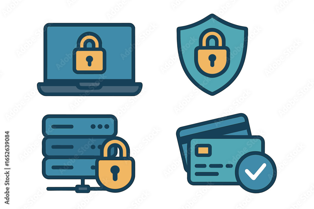 Aufkleber cybersecurity icon set for data protection and online security. vector symbols for digital transacti