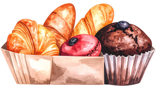 Watercolor Illustration of Assorted Bakery Pastries. - Powered by Adobe