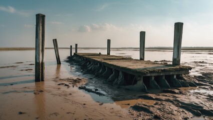 A decaying pier on the verge of collapse amid marshland and mud