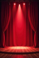 Deep red stage drapes, bright spotlight center stage, spotlight effect, theatre