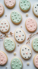 Obraz premium Flat Lay of Easter Egg Sugar Cookies with Pastel Decorations on White Background
