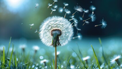Fluffy white dandelion with drifting seeds set against a out-of-focus grassy background in shades of green and blue