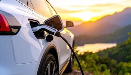 Electric vehicle charging outdoors at sunset with scenic natural background