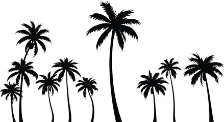Palm Trees Silhouettes Vector Set, Tropical Beach Landscape Graphic, Summer Vacation and Holiday Design