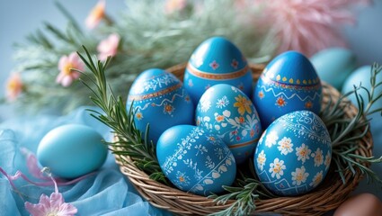 Fototapeta premium Decorative blue eggs symbolizing Orthodox Easter