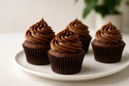 Close-up of delectable chocolate cupcakes arranged on a table surface